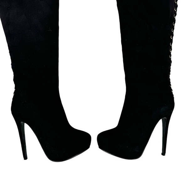 Steve Madden Ladysnte Lace Up Thigh High Boots Platform Black Faux Suede SZ 6.5 - Picture 3 of 16